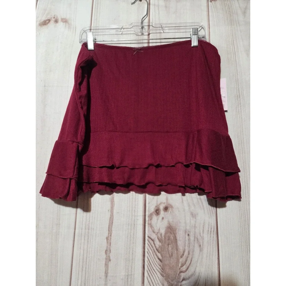 Wild Fable Burgundy Ribbed Ruffle Mini Skirt XXL NWT Wine Red Tiered Knit Bow